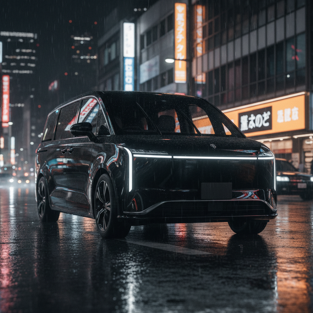 Premium black luxury electric MPV on a wet Tokyo street at night